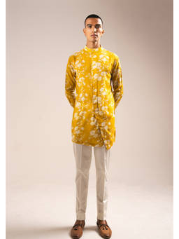 Project Bandi - Yellow White Rose Side Slit Kurta Pajama Set