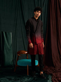 Project Bandi - Burgundy Ombre Kurta Pajama Set With Ombre Asymmetric Bandi