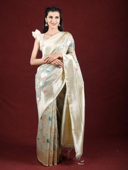 EXCLUSIVA - Grey Linen Saree Zari Woven Work with Unstitched Blouse