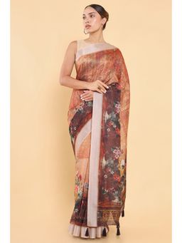 Soch - Women Multi-Color Linen Printed Saree with Stitched Blouse