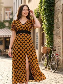 JUSTIN WHYTE - Stylish Yellow And Black Patterned Flared Dress