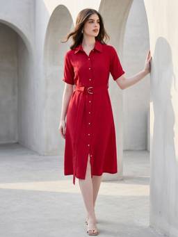JUSTIN WHYTE - Classy Red Shirt Dress With Belt