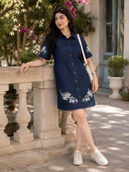 JUSTIN WHYTE - Fancy Blue Embroidered Denim Mini Dress With Belt
