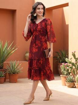 JUSTIN WHYTE - Floral Maroon Midi Dress