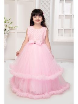 Mini Stitch - Stone Embellished Sleeveless Gown with Bow Pink