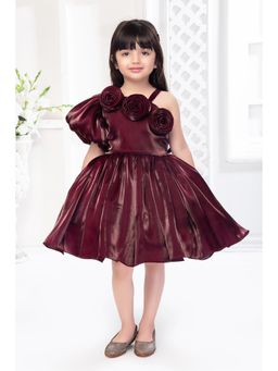 Mini Stitch - One Shoulder Tissue Party Frock with Flower Applique Maroon