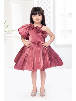 Mini Stitch - One Shoulder Tissue Party Frock with Flower Applique Onion Pink