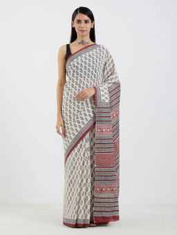 AUJJESSA - Mulmul White and Black Handcrafted Saree without Blouse