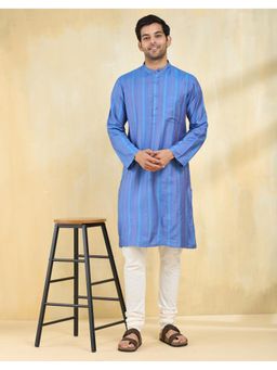 Fabindia - Blue Viscose Blend Striped Slim Fit Long Kurta