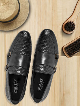Cobblerz - Men Black Basket Weave Textured Monk Straps