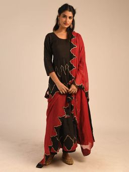 Naina Arunima - Black Embroidered Anarkali Kurta And Palazzo With Dupatta (Set of 3)