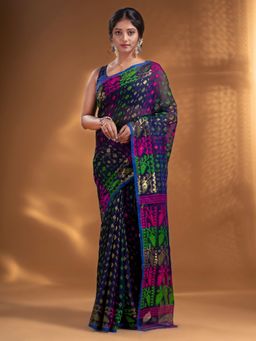 Arhi - Navy Blue Silk Cotton Handwoven Soft Jamdani Saree with All over Nakshi Motifs
