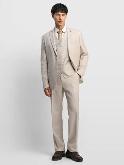Arrow - Beige Men Dobby Ceremony Three Piece Suit Blazer with Trouser and Waistcoat