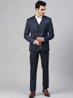 MANQ - Men Navy Blue Polyviscose Full Sleeves Blazer with Trouser and Waistcoat