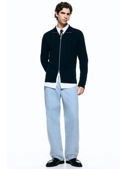 H&M - Men Blue Slim Fit Rib-Knit Cardigan