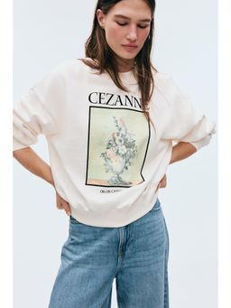 H&M - Women Beige Oversized Print-Motif Sweatshirt