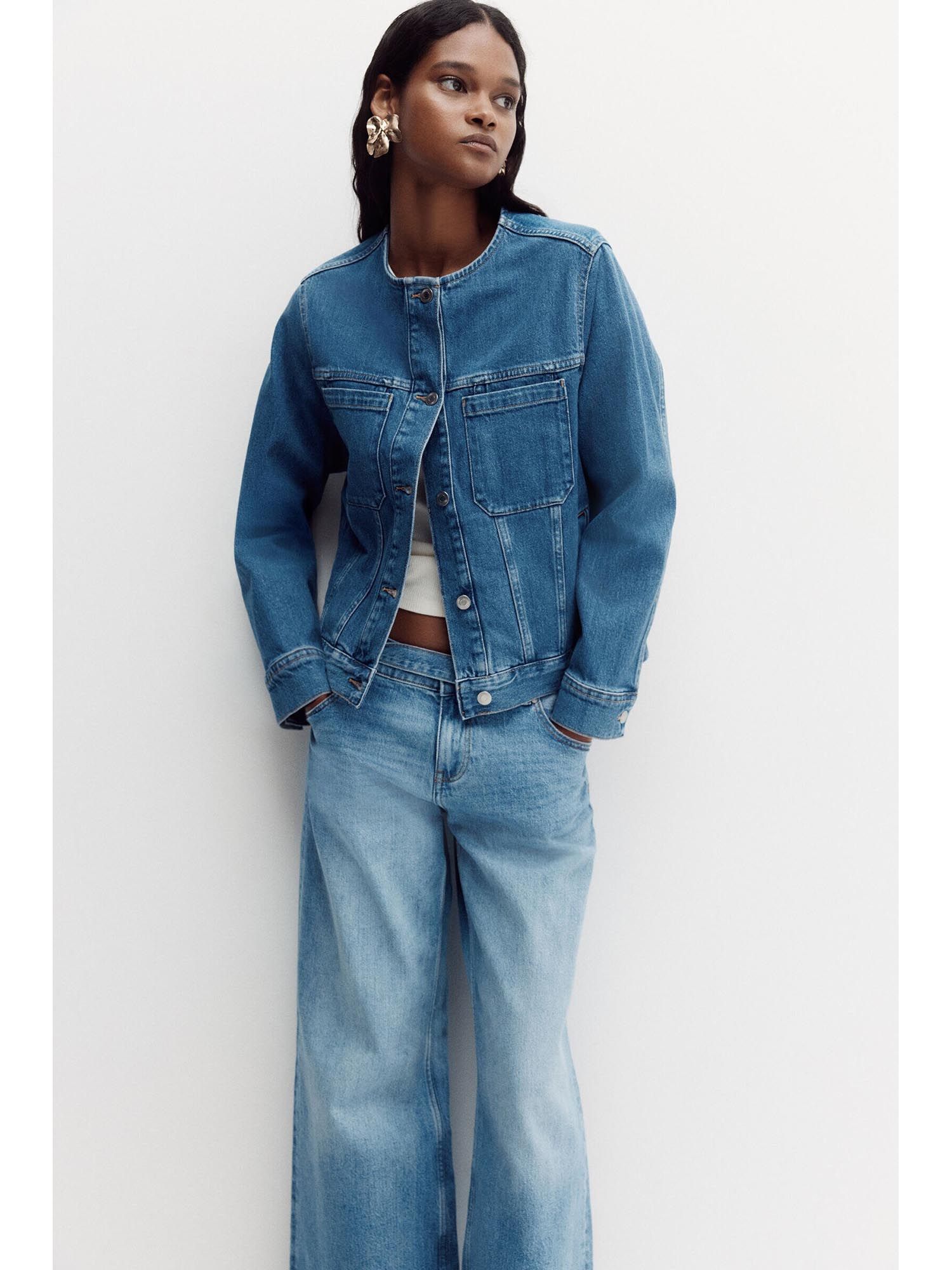 h&m Women Blue Collarless Trucker Jacket-picture-42