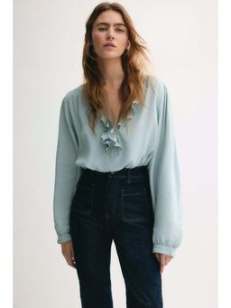H&M - Women Turquoise Frill-Collared Viscose Blouse