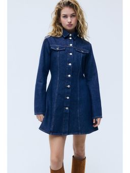 H&M - Women Blue Flared-Skirt Denim Dress