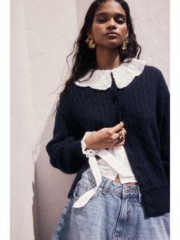 H&M - Women Blue Cable-Knit Bomber Jacket