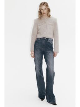 H&M - Women Beige Mohair-Blend Shoulder-Pad Cardigan