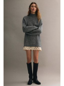 H&M - Women Grey Lace-Trimmed Mohair-Blend Jumper