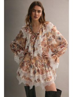 H&M - Women Beige Lace-Trimmed Dress