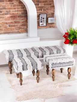 Ikiriya - Cairo Sheesham Accent Bench with Stools Grey Fabric with Fringes Teak Finish (Set Of 3) (1 Year Warranty)