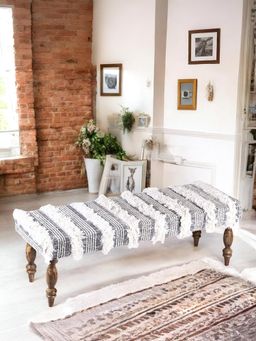 Ikiriya - Cairo Sheesham Wood Accent Bench (Grey Fabric with Fringes Teak Finish) (1 Year Warranty)