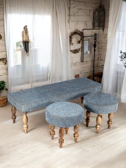 Ikiriya - Cairo Sheesham Accent Bench & Stools Blue Jacquard Work Fabric Teak Finish (Set Of 3) (1 Year Warranty)