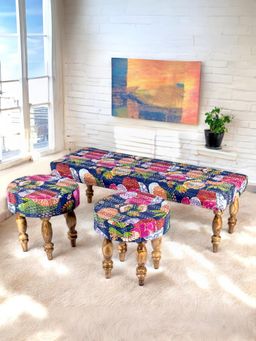Ikiriya - Cairo Sheesham Mid Century Bench & Stools Fruit Print Blue Kantha Teak Finish (Set Of 3) (1 Year Warranty)