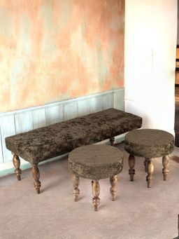 Ikiriya - Cairo Sheesham Wood Accent Bench & Stool Green Sparkle Velvet Teak Finish (Set Of 3) (1 Year Warranty)