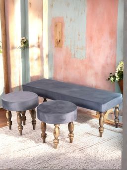 Ikiriya - Cairo Sheesham Wood Accent Bench & Stools Iron Grey Velvet Teak Finish (Set Of 3) (1 Year Warranty)