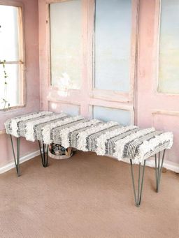 Ikiriya - Belmont Sheesham Wood Mid Century Bench Grey Fabric with Fringes (1 Year Warranty)