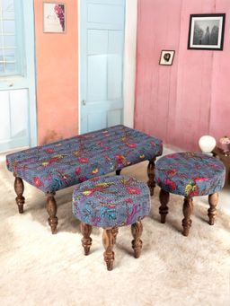 Ikiriya - Sheesham Mid Century Bench & Stools Grey Brid Print Kantha Teak Finish (Set Of 3) (1 Year Warranty)