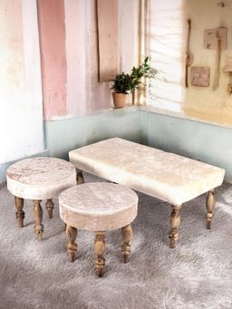 Ikiriya - Sheesham Accent Bench & Stools Beige Sparkle Velvet Teak Finish (Set Of 3) (1 Year Warranty)