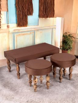 Ikiriya - Sheesham Accent Bench & Stools Taupe Brown Velvet Teak Finish (Set Of 3) (1 Year Warranty)