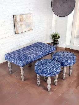 Ikiriya - Sheesham Bench & Stools Indigo Patchwork Kantha Antique Grey Finish (Set Of 3) (1 Year Warranty)
