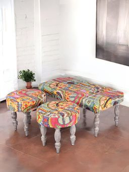 Ikiriya - Sheesham Bench & Stools Israel Print Patchwork Kantha Antique Grey Finish (Set Of 3) (1 Year Warranty)