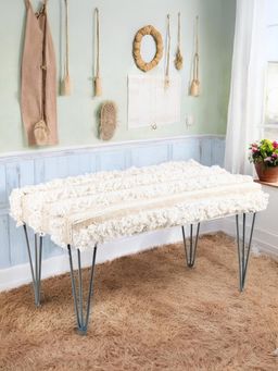 Ikiriya - Velas Sheesham Wood Mid Century Bench Beige Fabric with Fringes (1 Year Warranty)