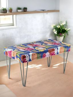 Ikiriya - Velas Sheesham Wood Mid Century Bench Fruit Print Blue Kantha (1 Year Warranty)