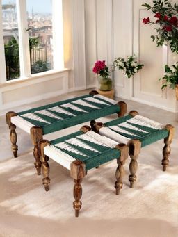 Ikiriya - Oakville Sheesham Wood Vintage Bench & Stools In Green Rope Canning (Set Of 3) (1 Year Warranty)