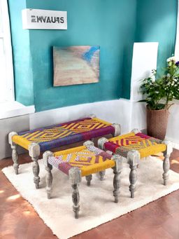 Ikiriya - Oakville Sheesham Wood Vintage Bench & Stools In Multi Colour Rope Canning (Set Of 3) (1 Year Warranty)