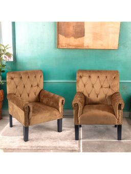 Ikiriya - Arista Sheesham Wood Pack Of 2 Relaxing Chair / Lounge Chairs Taupe Brown Velvet (1 Year Warranty)