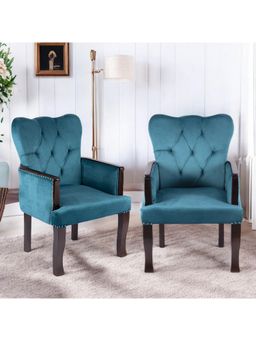 Ikiriya - Arista Sheesham Wood Pack Of 2 Relaxing Chair / Lounge Chairs Turquoise Sea Velvet (1 Year Warranty)