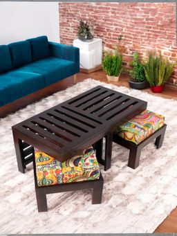 Ikiriya - Sheesham Wood Bohemian Coffee Table & Stools In Dark Walnut Finish (Set Of 3) (1 Year Warranty)