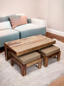 Ikiriya - Sheesham Wood Accent Coffee Table & Stools In Teak Finish (Set Of 3) (1 Year Warranty)