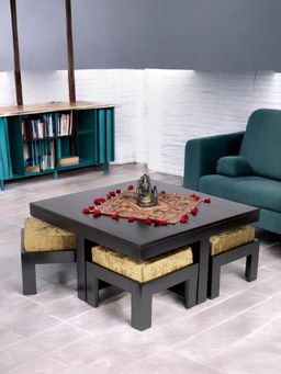 Ikiriya - Sheesham Wood Accent Coffee Table & Stools In Extra Dark Mahogany Finish (Set Of 5) (1 Year Warranty)