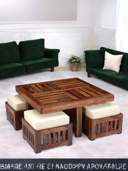 Ikiriya - Sheesham Wood Accent Coffee Table & Stools In Natural Teak Finish (Set Of 5) (1 Year Warranty)