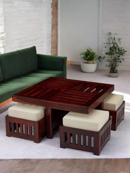 Ikiriya - Sheesham Wood Accent Coffee Table & Stools In Honey Finish (Set Of 5) (1 Year Warranty)